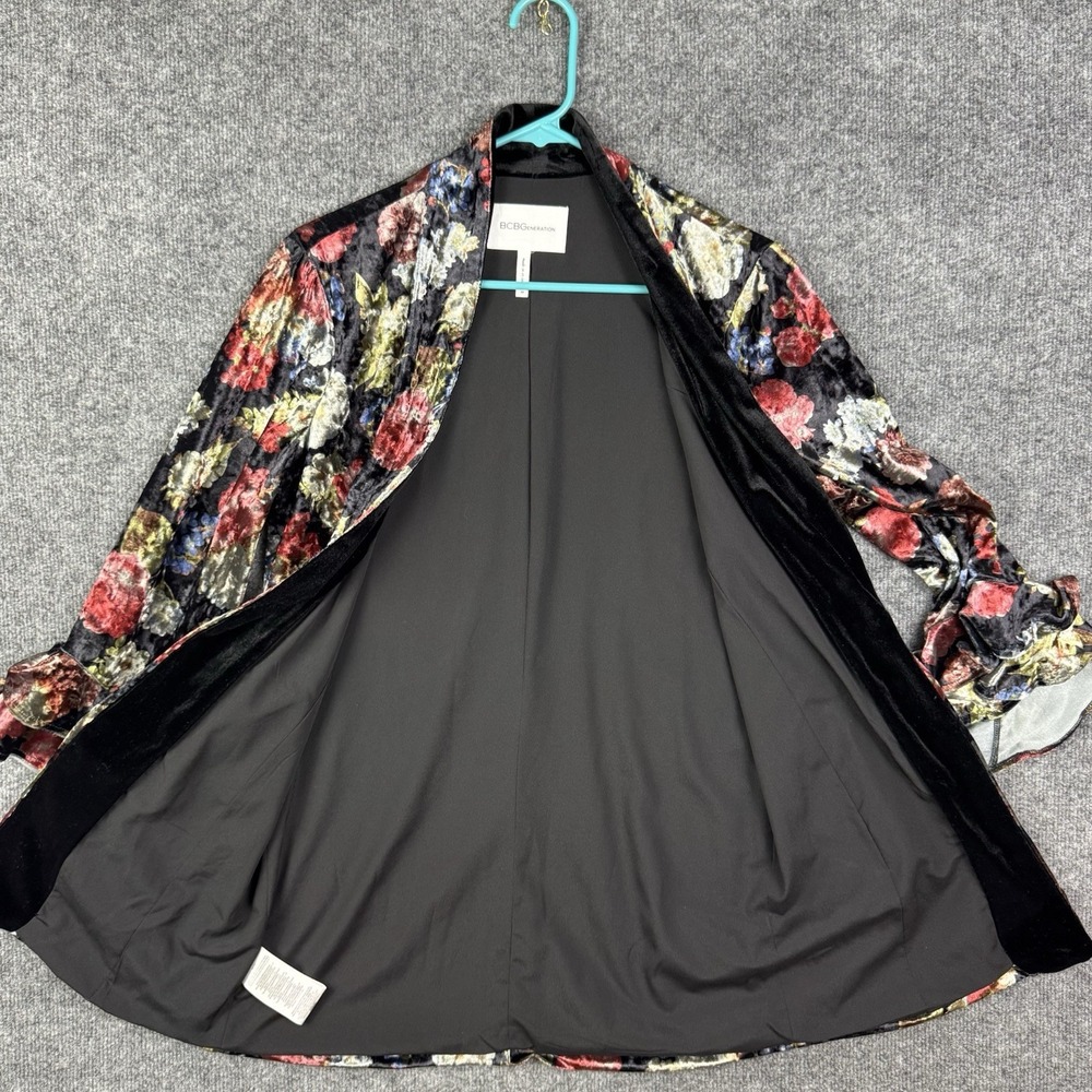 BCBGeneration Burnout Velvet Floral Jacket Medium Open Front Ruffle Bell Sleeve - Picture 5 of 11